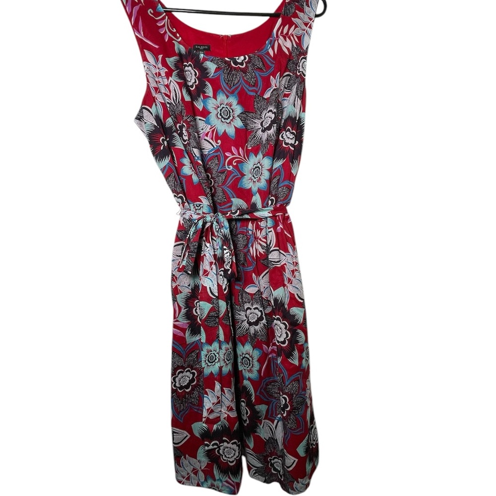 Talbots Red Jacobean Floral Tie Waist Flare Dress